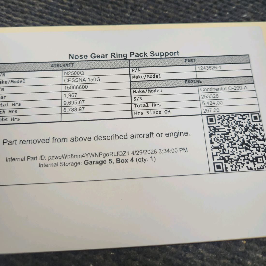 Used aircraft parts for sale, 1243626-1 cessna 150G Nose Gear Ring Pack Support