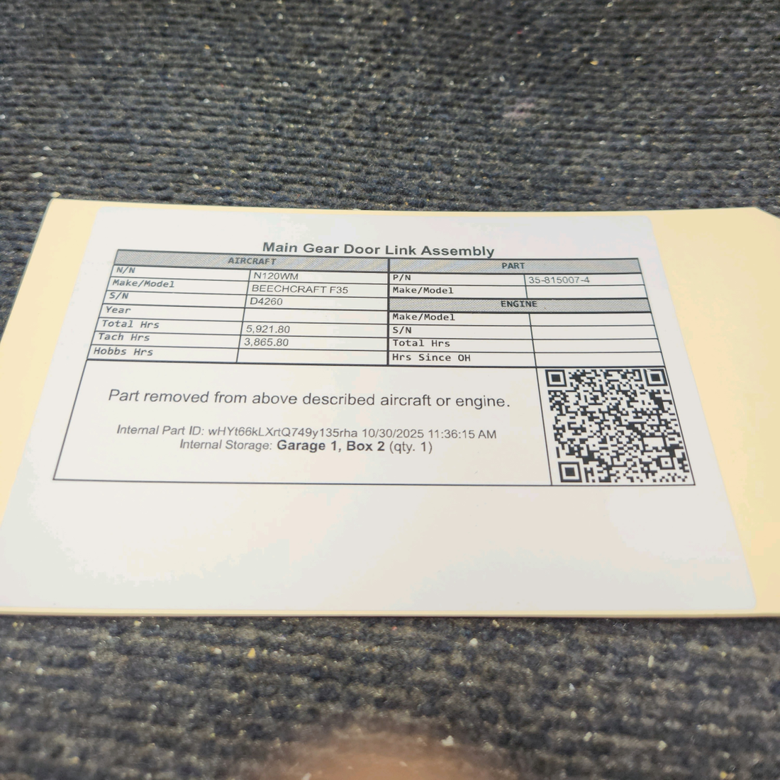 Used aircraft parts for sale, 35-815007-4 BEECHCRAFT F35 Main Gear Door Link Assembly