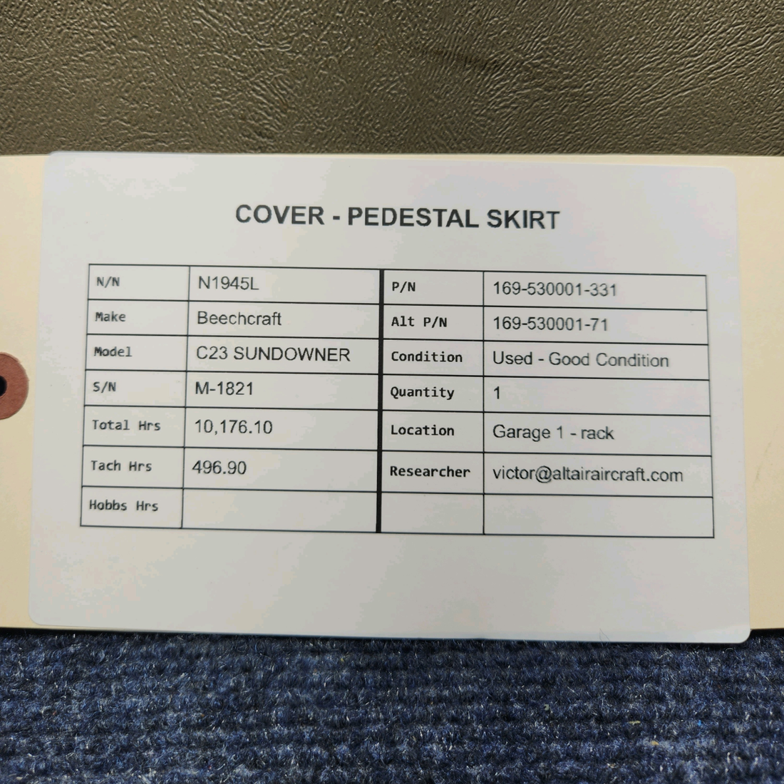 Used aircraft parts for sale, 169-530001-331 Beechcraft C23 SUNDOWNER PEDESTAL COVER  SKIRT