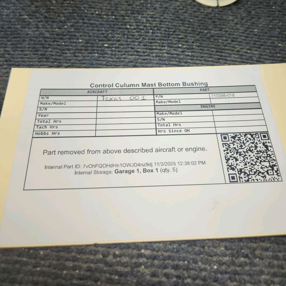 Used aircraft parts for sale, 710056-018 Control Column Mast Bottom Bushing - Price per each.