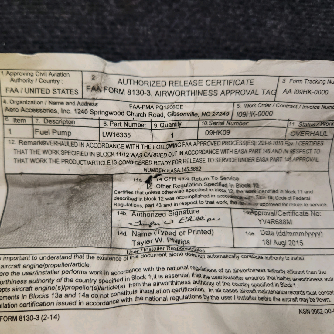 Used aircraft parts for sale, LW-16335 Tempest Fuel Pump