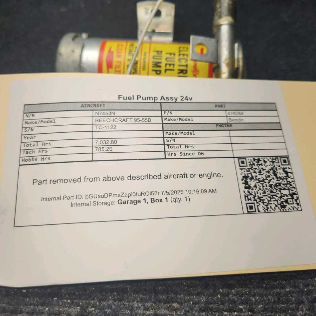 Used aircraft parts for sale, 476-284 Bendix BEECHCRAFT 95-55B Electric Fuel Pump Assy - 24v