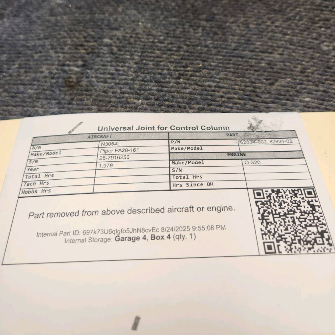 Used aircraft parts for sale, 62834-002 Piper PA28-161 Universal Joint for Control Column