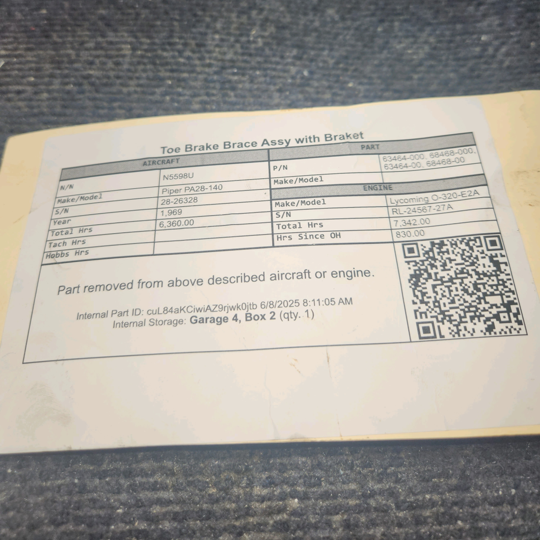 Used aircraft parts for sale, 63464-000, 68468-000 Piper PA28-140 Toe Brake Brace Assy with Braket