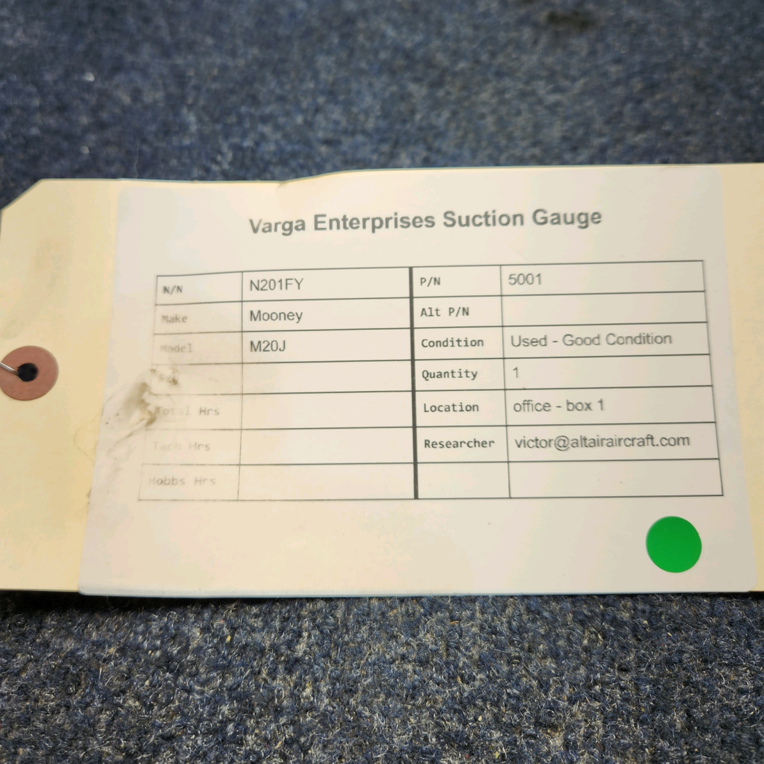 Used aircraft parts for sale, 5001 Mooney M20J VARGA ENTERPRISES SUCTION GAUGE