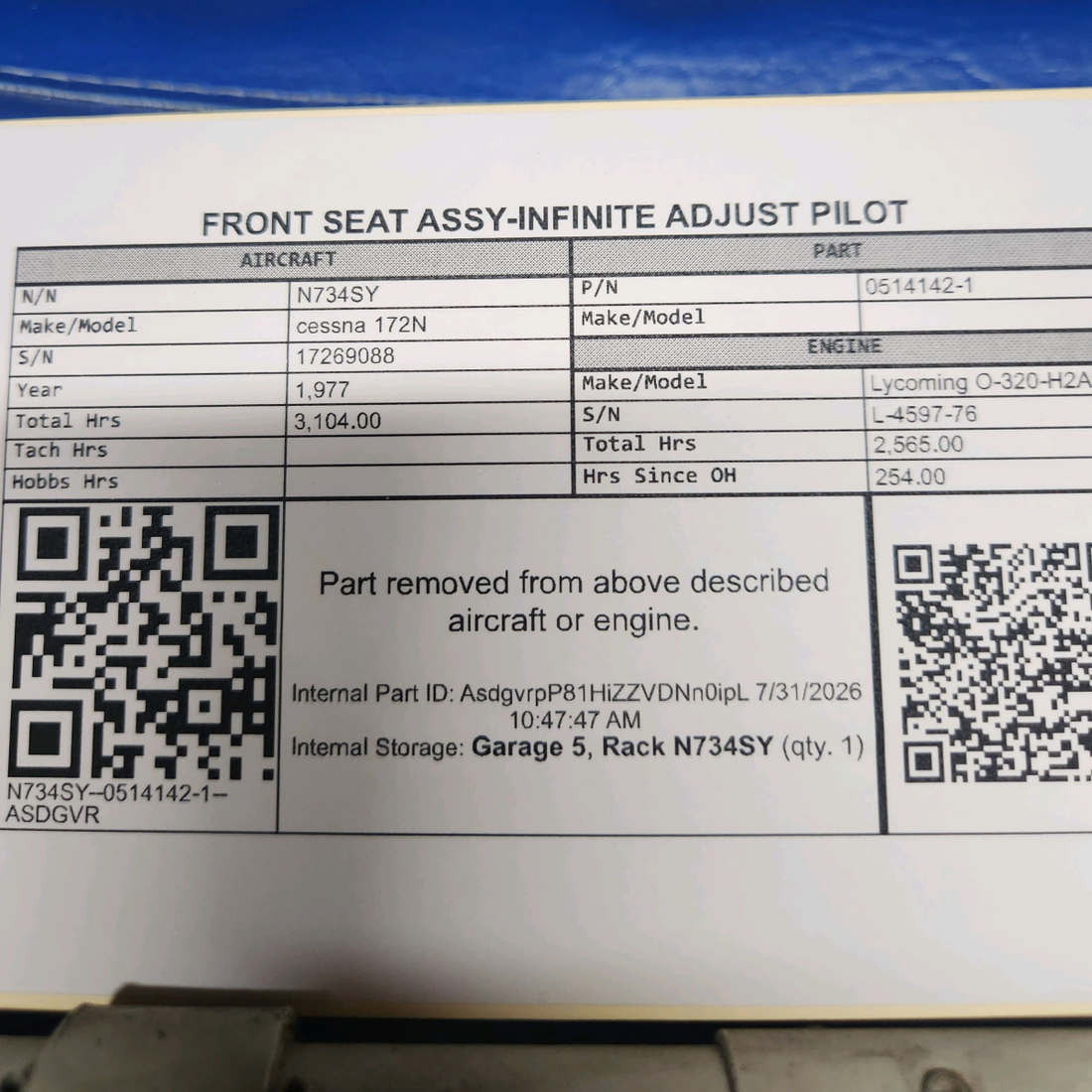 Used aircraft parts for sale, 0514142-1 cessna 172N Infinite Adjust Pilot Front Seat Assembly