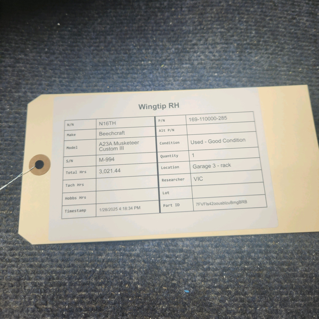 Used aircraft parts for sale, 169-110000-285 Beechcraft A23A Musketeer Custom III WINGTIP RH