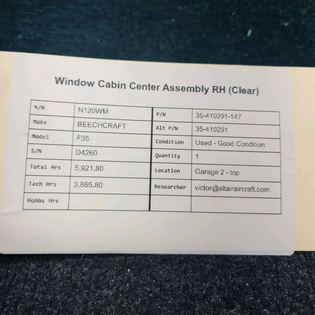 Used aircraft parts for sale, 35-410291-147 BEECHCRAFT F35 WINDOW CABIN CENTER ASSEMBLY RH (CLEAR)