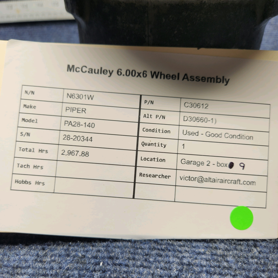 Used aircraft parts for sale, C30612 McCauley PIPER PA28-140 6.00X6 WHEEL ASSEMBLY