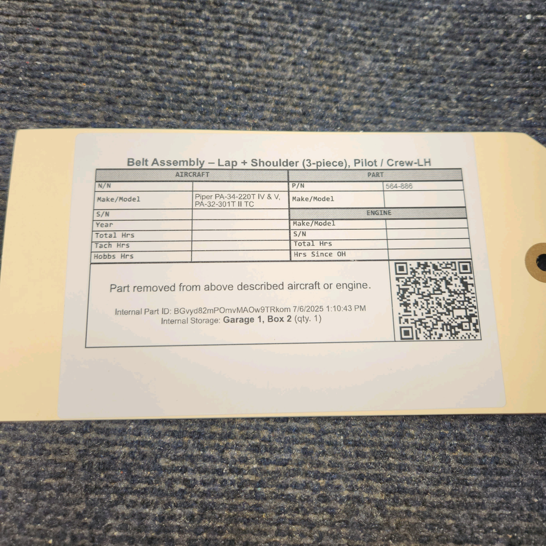 Used aircraft parts for sale, 564-886 Piper PA-34-220T IV & V, PA-32-301T II TC Belt Assembly – Lap + Shoulder (3-piece), Pilot / Crew-LH