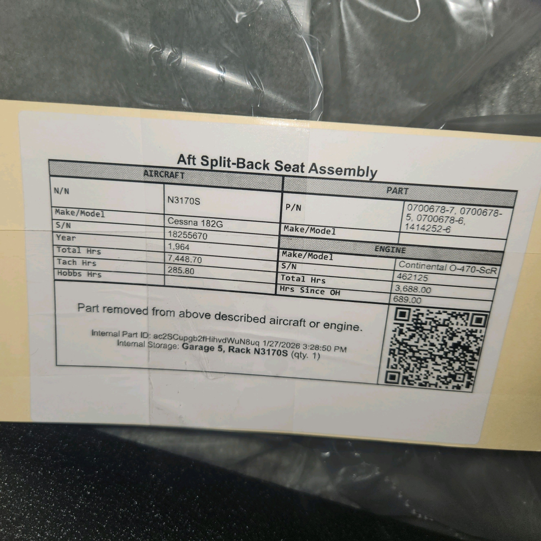 Used aircraft parts for sale, 0700678-7 Cessna 182G Aft Split-Back Seat Assembly