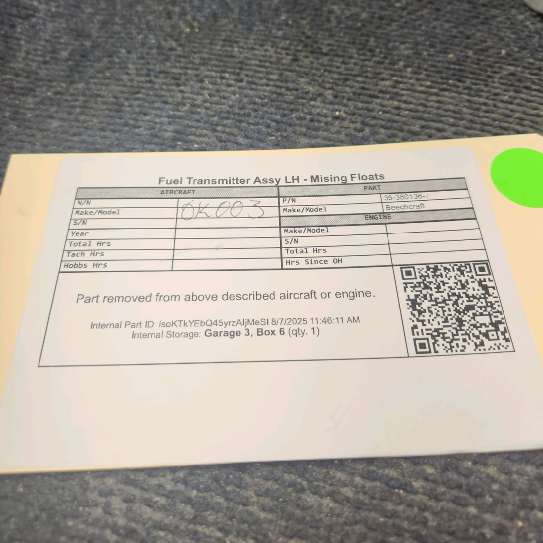 Used aircraft parts for sale, 35-380136-7 Beechcraft Fuel Transmitter Assy LH - Missing Floats