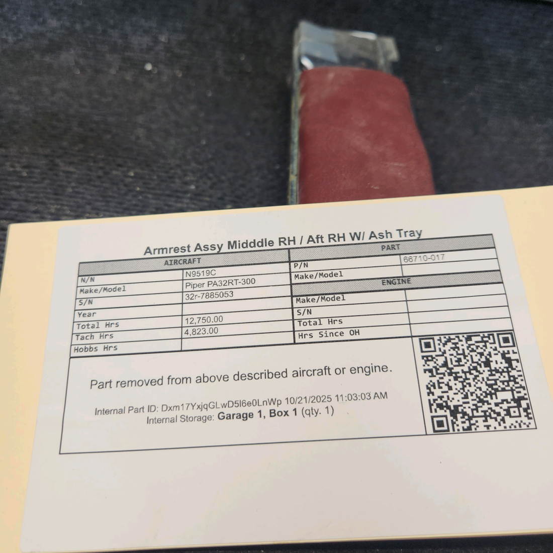 Used aircraft parts for sale, 66710-017 Piper PA32RT-300 Aft Armrest Assembly with Ashtray - RH Middle