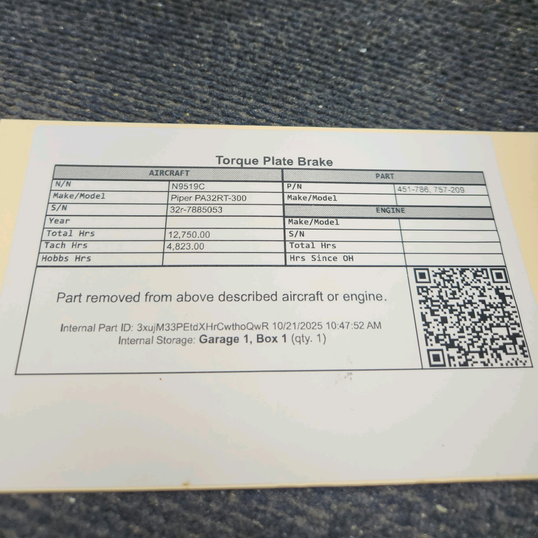 Used aircraft parts for sale, 451-786 Piper PA32RT-300 Torque Plate Brake