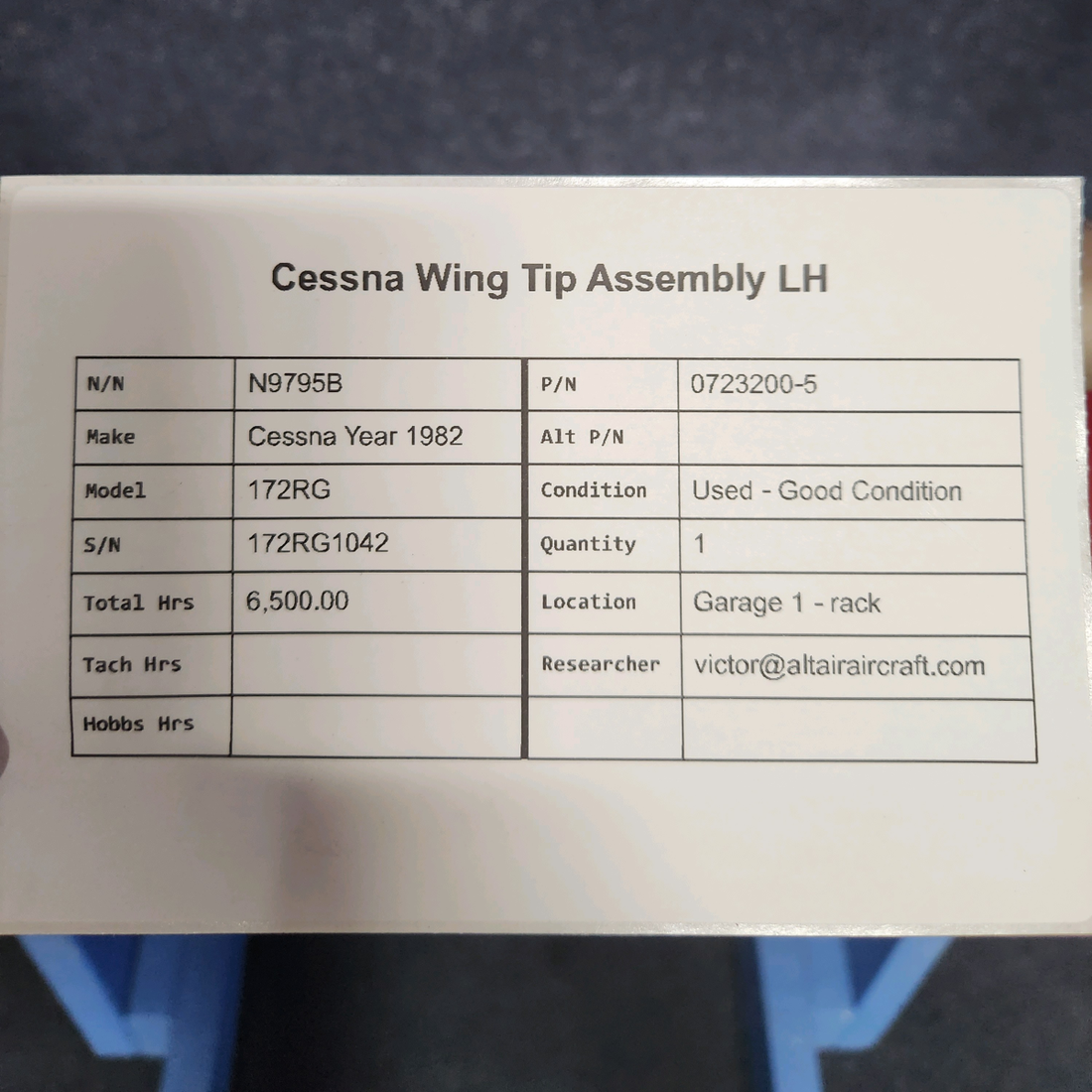 Used aircraft parts for sale, 0723200-5 Cessna Year 1982 172RG CESSNA WING TIP ASSEMBLY LH