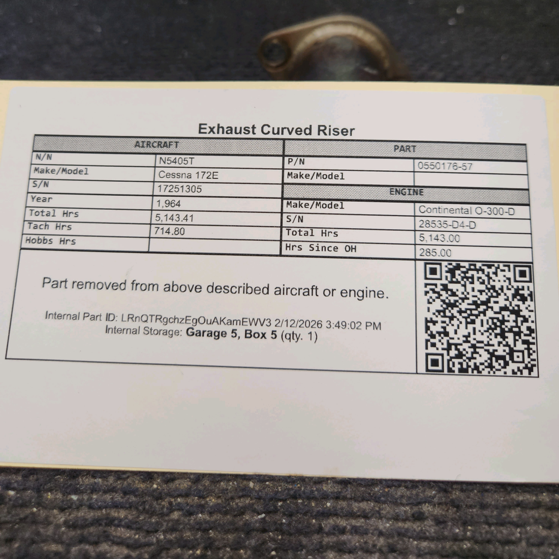 Used aircraft parts for sale, 0550176-57 Cessna 172E Exhaust Curved Riser