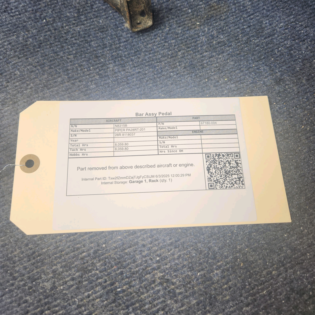 Used aircraft parts for sale, 67180-004 PIPER PA28RT-201 Bar Assy Pedal