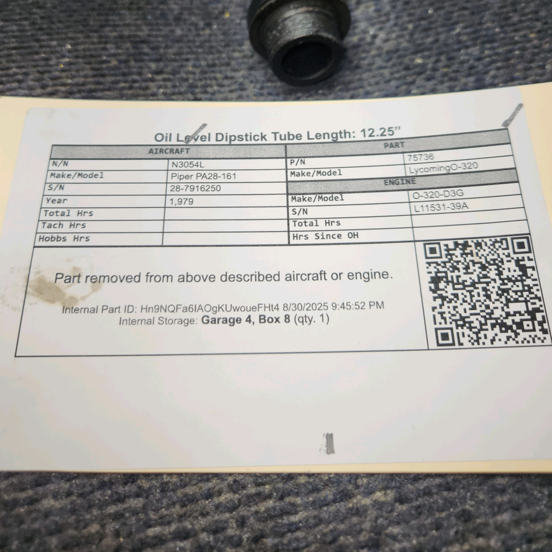 Used aircraft parts for sale, 75736 Lycoming O-320 Piper PA28-161 Oil Level Dipstick Tube – Length 12.25"