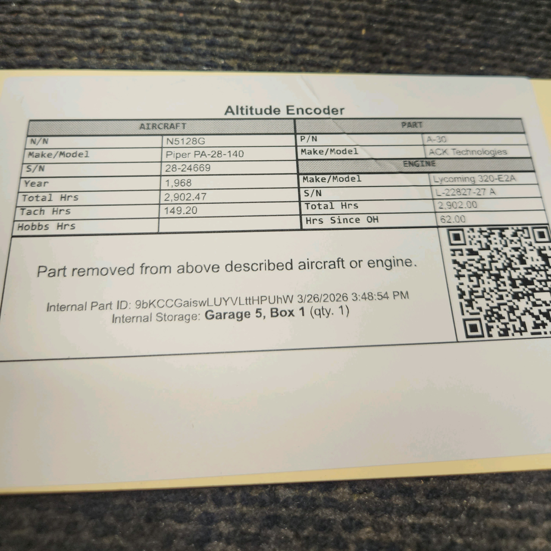 Used aircraft parts for sale, A-30 ACK Technologies Piper PA-28-140 Altitude Encoder
