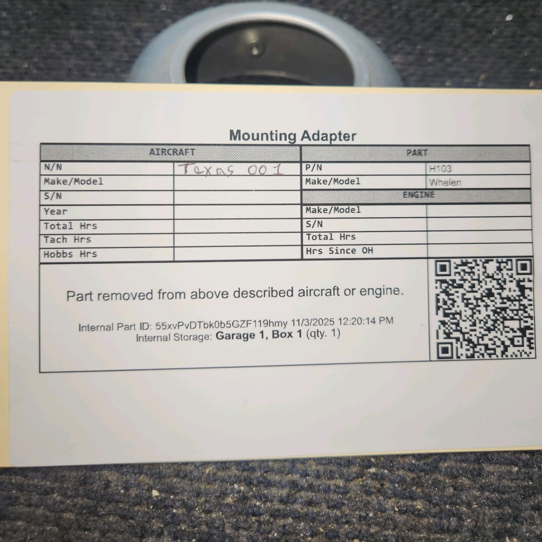 Used aircraft parts for sale, H103 Whelen Mounting Adapter