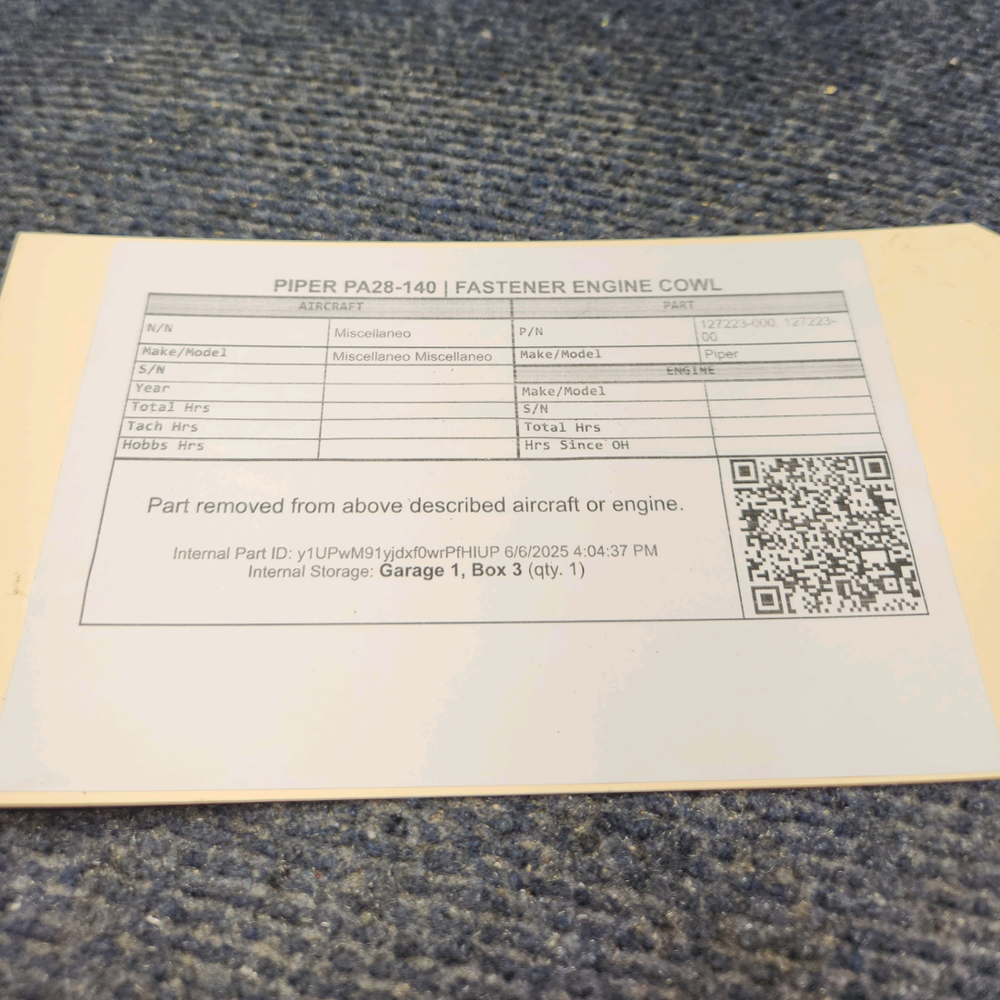 Used aircraft parts for sale, 127223-000 Piper PA28-140 Cowl Fastener Latch