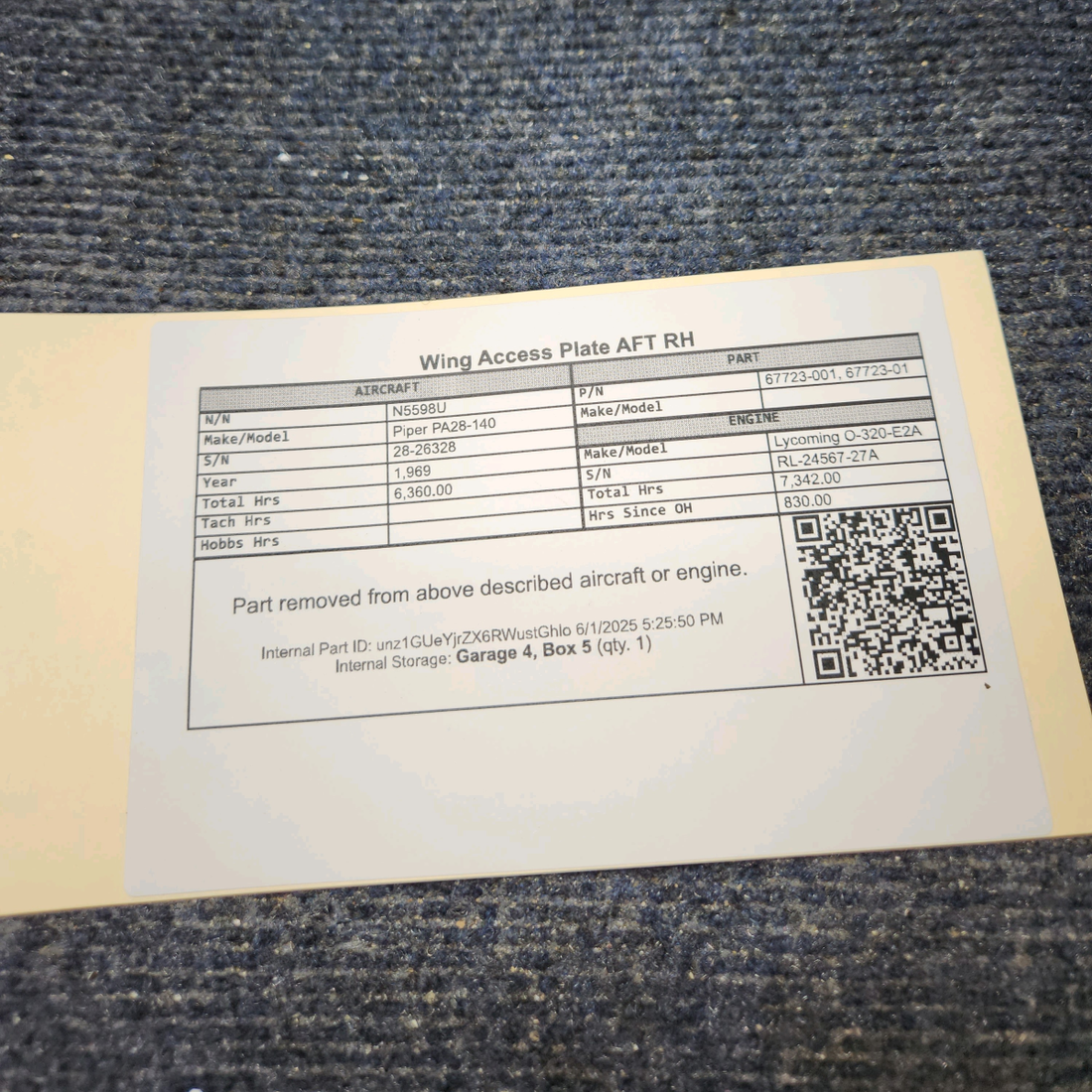 Used aircraft parts for sale, 67723-001 Piper PA28-140 Wing Access Plate AFT - RH