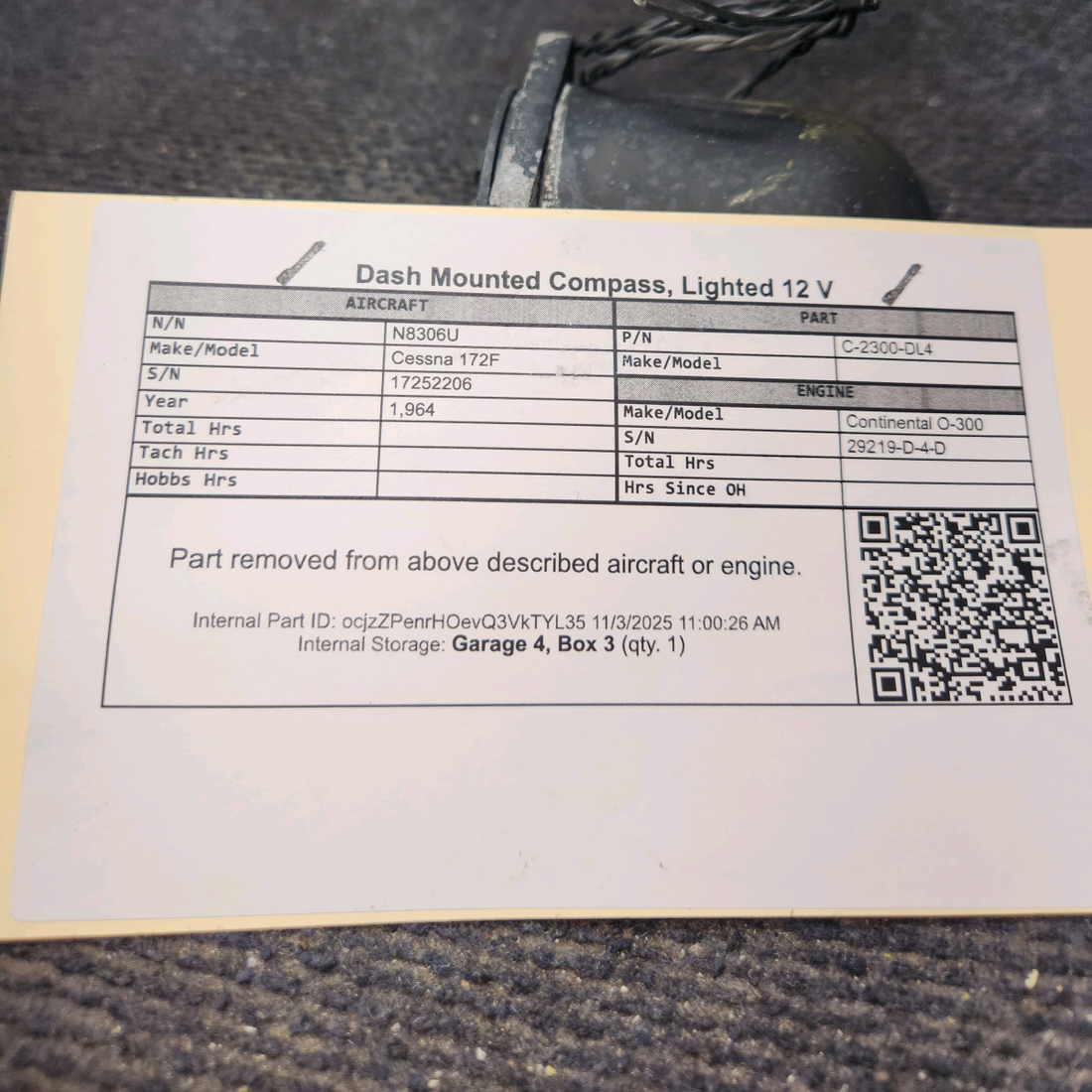 Used aircraft parts for sale, C-2300-DL4 Cessna 172F Dash Mounted Compass, Lighted - 12 V