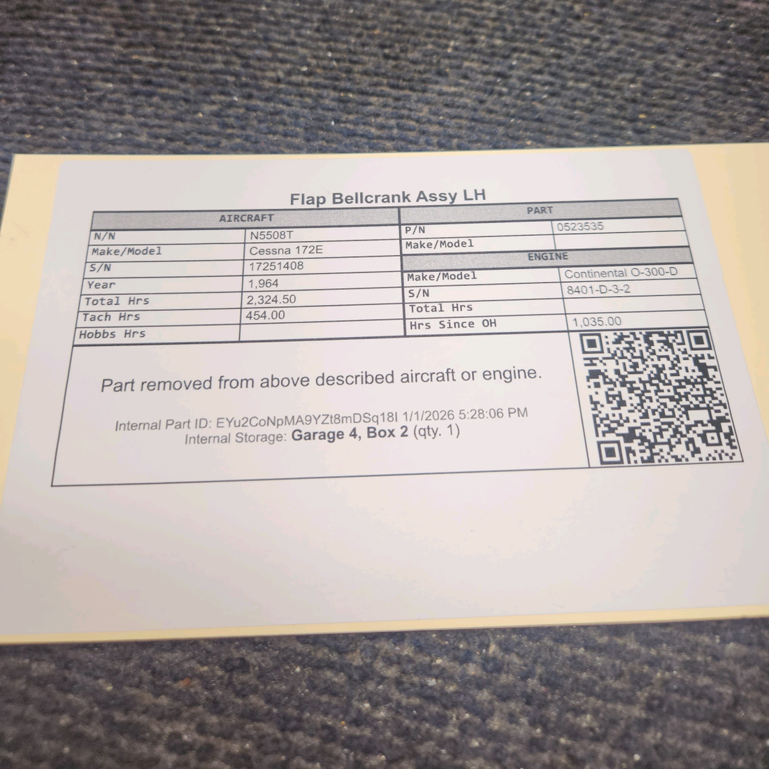 Used aircraft parts for sale, 0523535 Cessna 172E Flap Bellcrank Assy LH