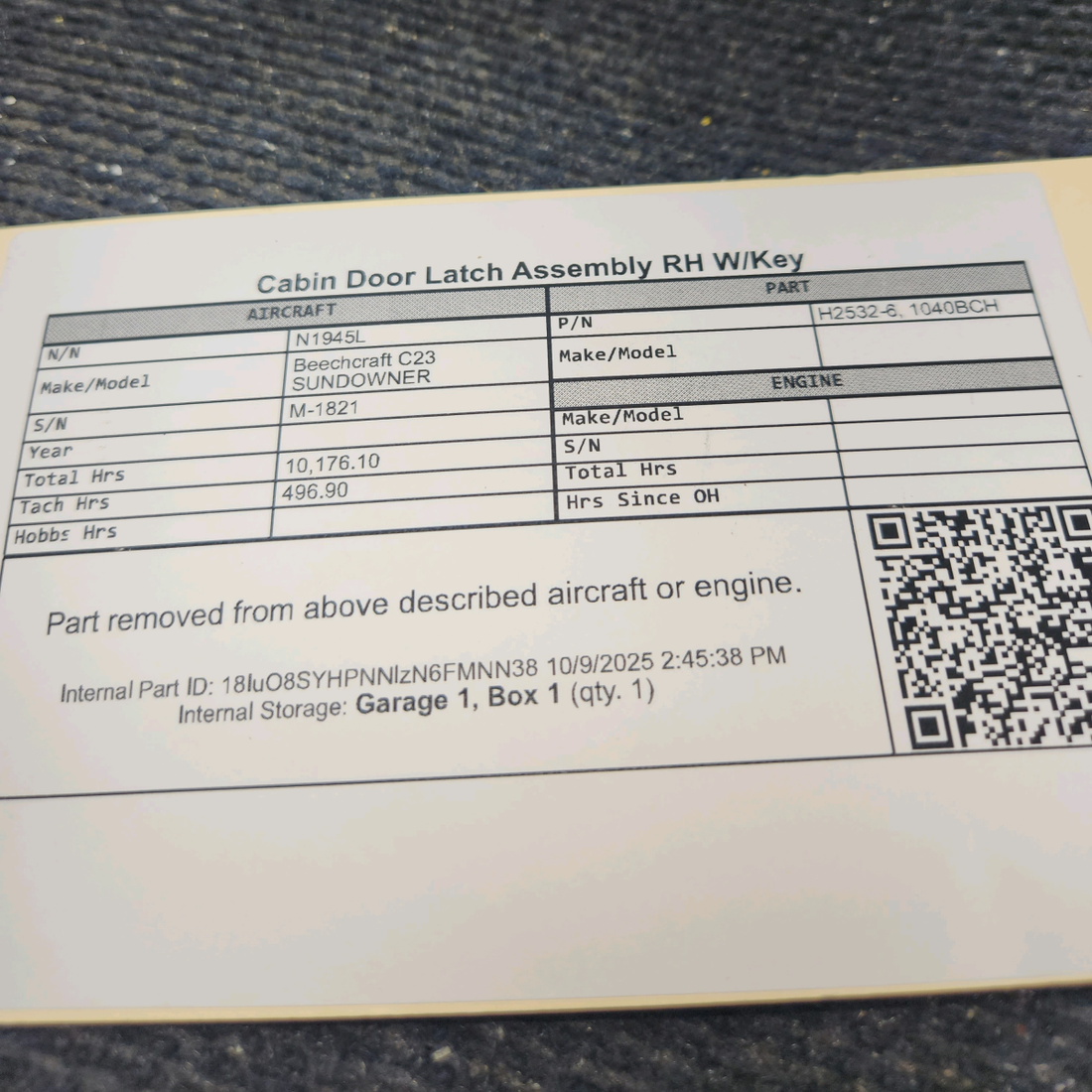 Used aircraft parts for sale, H2532-6 Beechcraft C23 SUNDOWNER Cabin Door Latch Assembly w/Key - RH