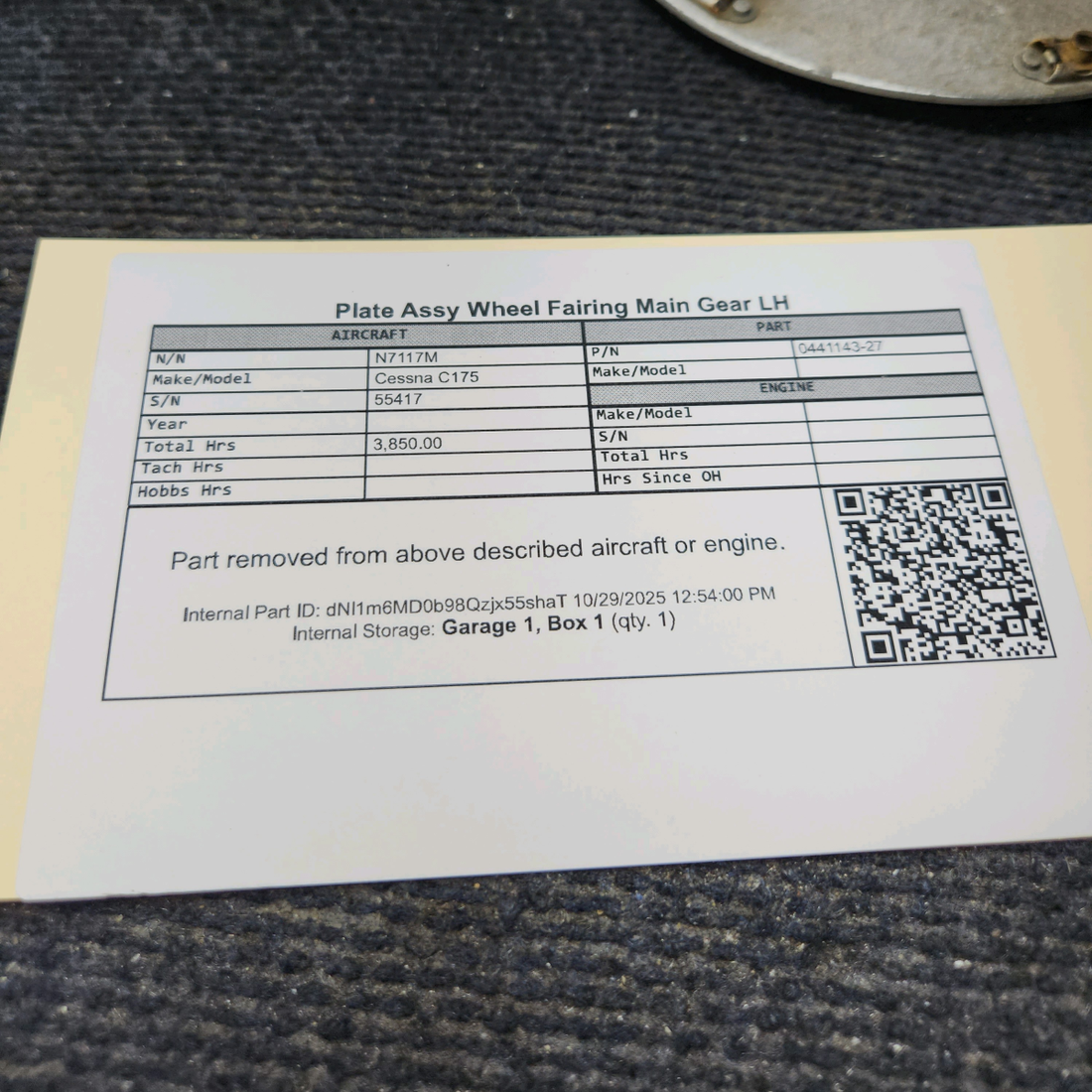 Used aircraft parts for sale, 0441143-27 Cessna C175 Main Gear Wheel Fairing Plate Assembly - LH