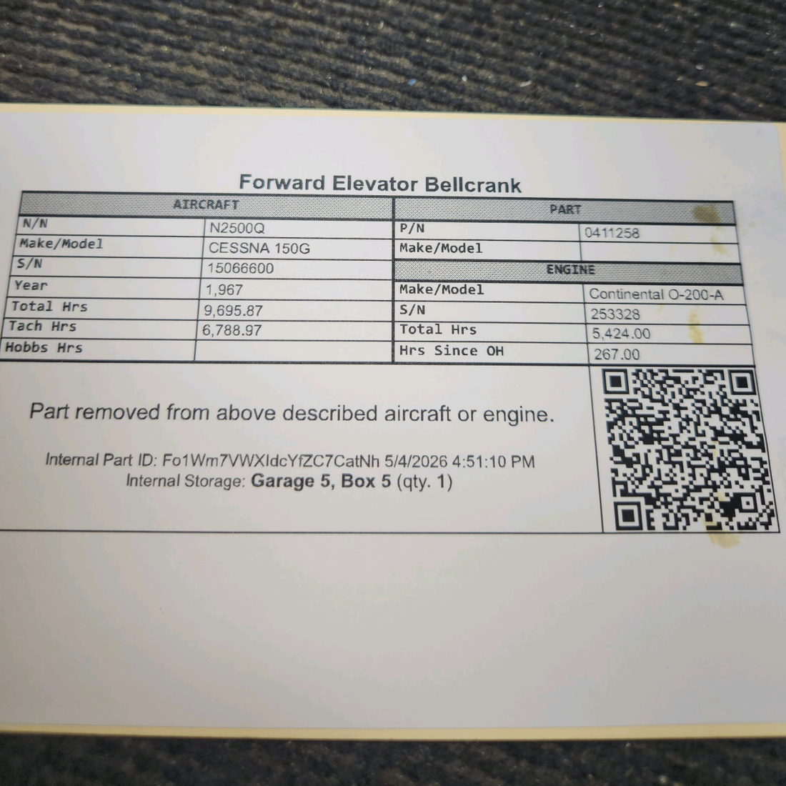 Used aircraft parts for sale, 0411258 cessna 150G Forward Elevator Bellcrank