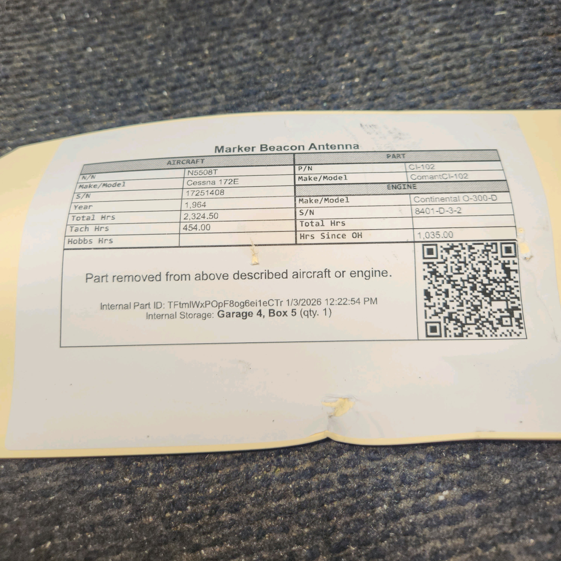 Used aircraft parts for sale, CI-102 Comant CI-102 Cessna 172E Marker Beacon Antenna