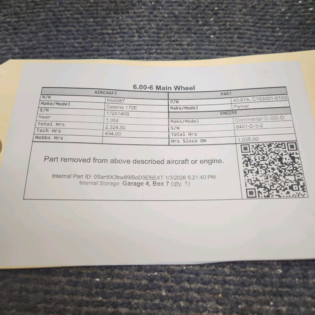 Used aircraft parts for sale, 40-97A Parker Cessna 172E 6.00-6 Main Wheel