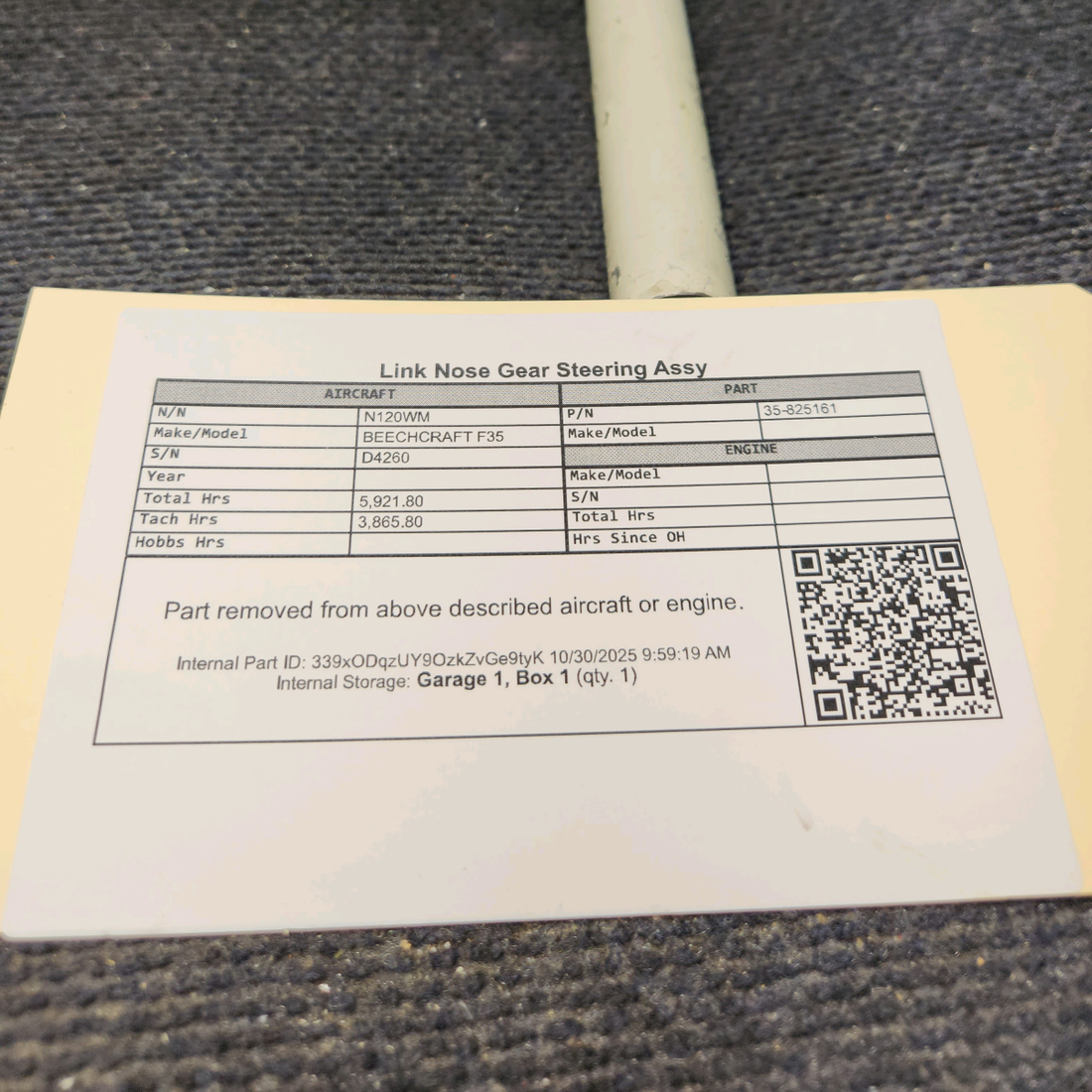 Used aircraft parts for sale, 35-825161 BEECHCRAFT F35 Nose Gear Steering Link Assembly