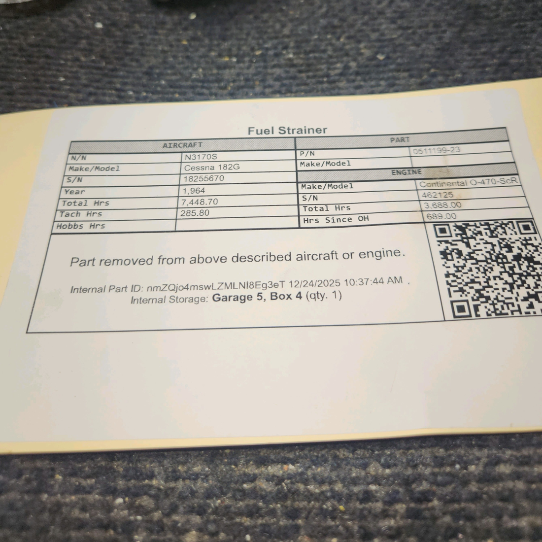 Used aircraft parts for sale, 0511199-23 Cessna 182G Fuel Strainer