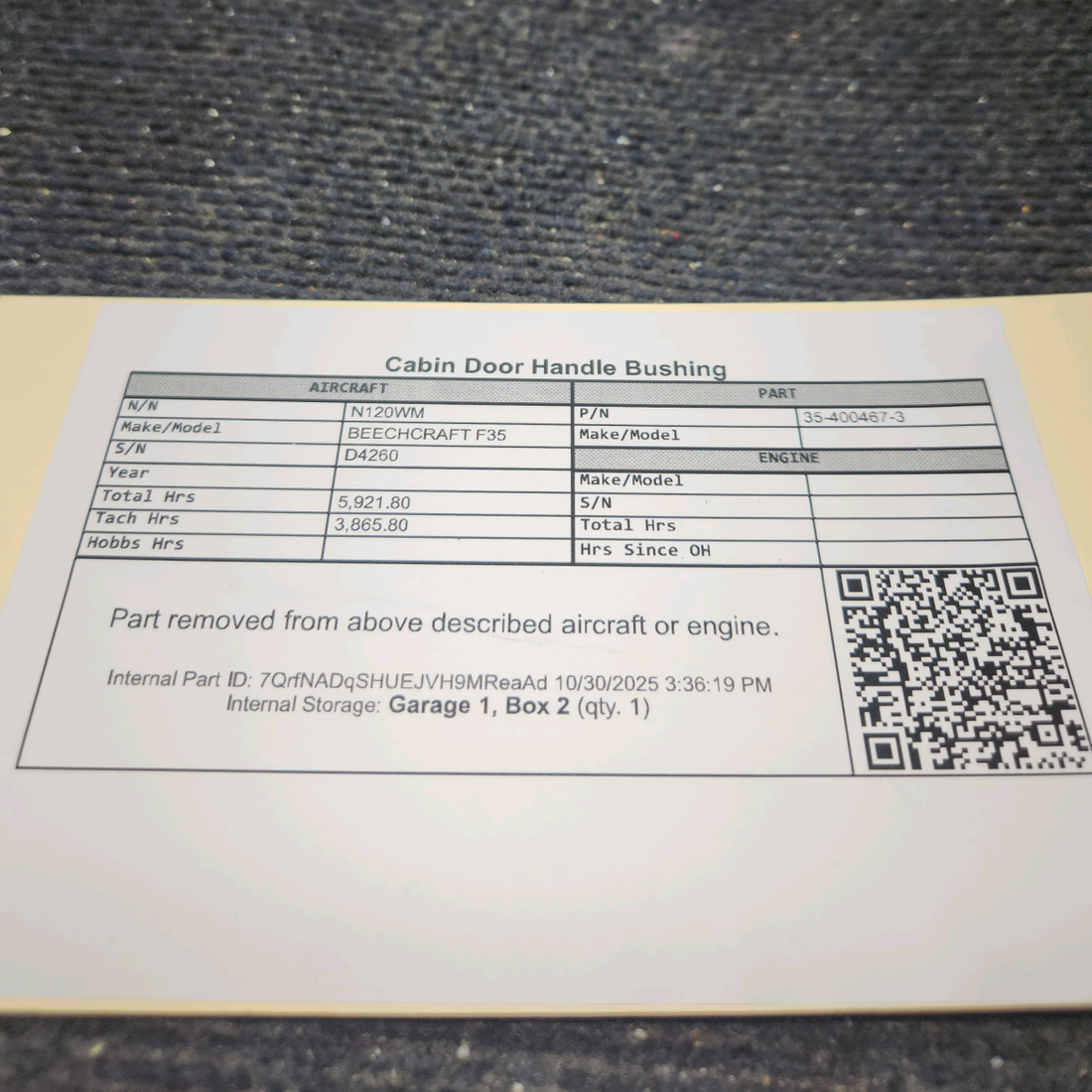Used aircraft parts for sale, 35-400467-3 BEECHCRAFT F35 Cabin Door Handle Bushing