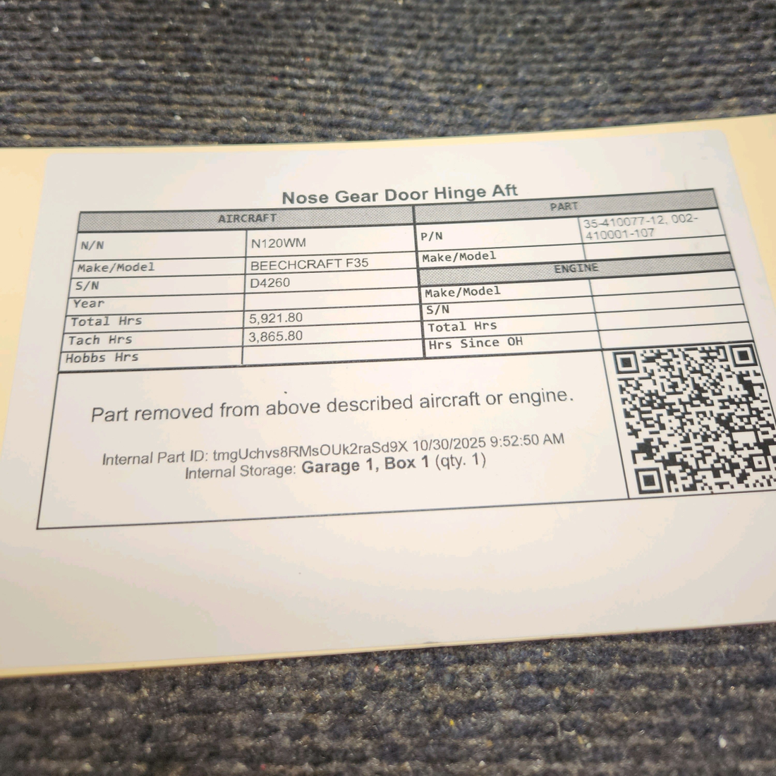 Used aircraft parts for sale, 35-410077-12 BEECHCRAFT F35 Nose Gear Door Hinge Aft
