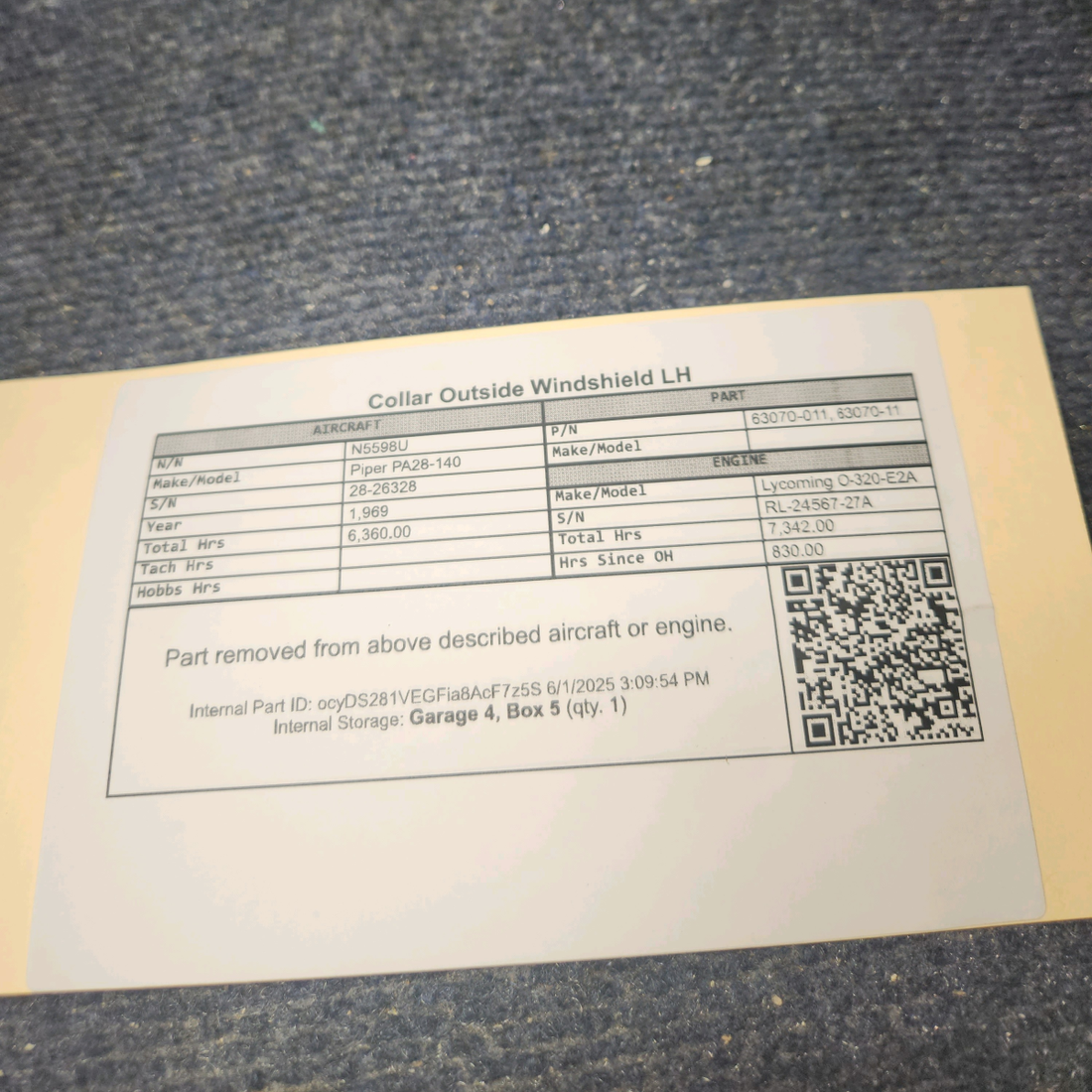 Used aircraft parts for sale, 63070-011 Piper PA28-140 Outside Windshield  Collar LH