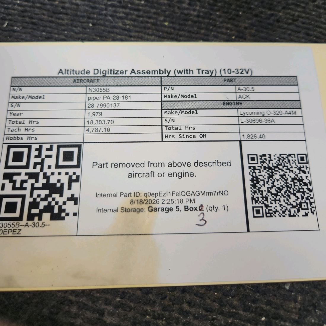Used aircraft parts for sale, A-30.5 ACK piper PA-28-181 Altitude Digitizer Assembly with Tray (10-32V)