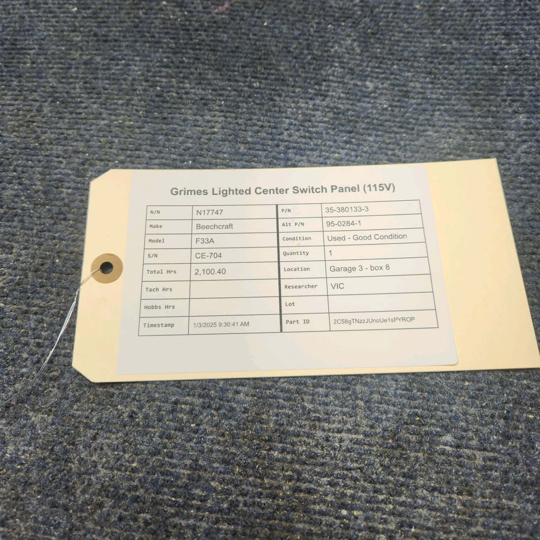 Used aircraft parts for sale, 35-380133-3 Beechcraft F33A GRIMES LIGHTED CENTER SWITCH PANEL (115V)