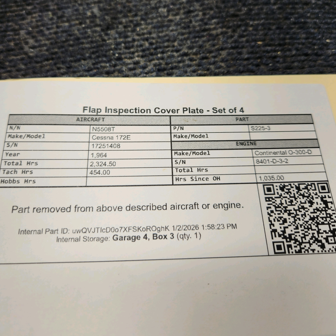 Used aircraft parts for sale, S225-3 Cessna 172E Flap Inspection Cover Plate - Set of 4