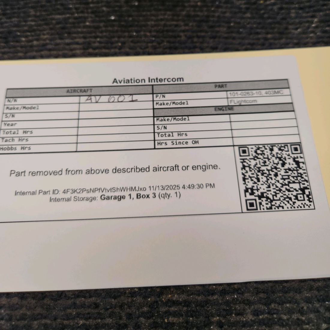 Used aircraft parts for sale, 101-0263-10 FLightcom 403MC Piper PA28-140 Intercom with Connector