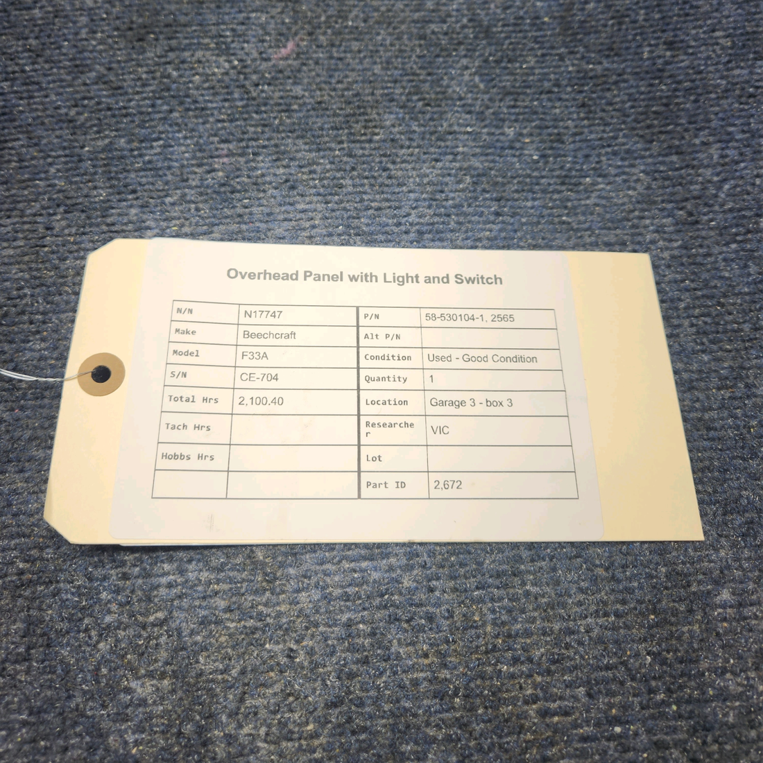 Used aircraft parts for sale, 58-530104-1, 2565 Beechcraft F33A OVERHEAD PANEL WITH LIGHT AND SWITCH