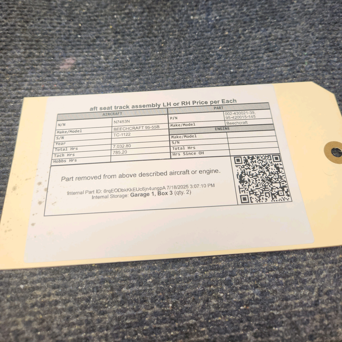 Used aircraft parts for sale, 002-430021-39 BEECHCRAFT 95-55B Aft Seat Track Assembly – LH or RH - Price per Each
