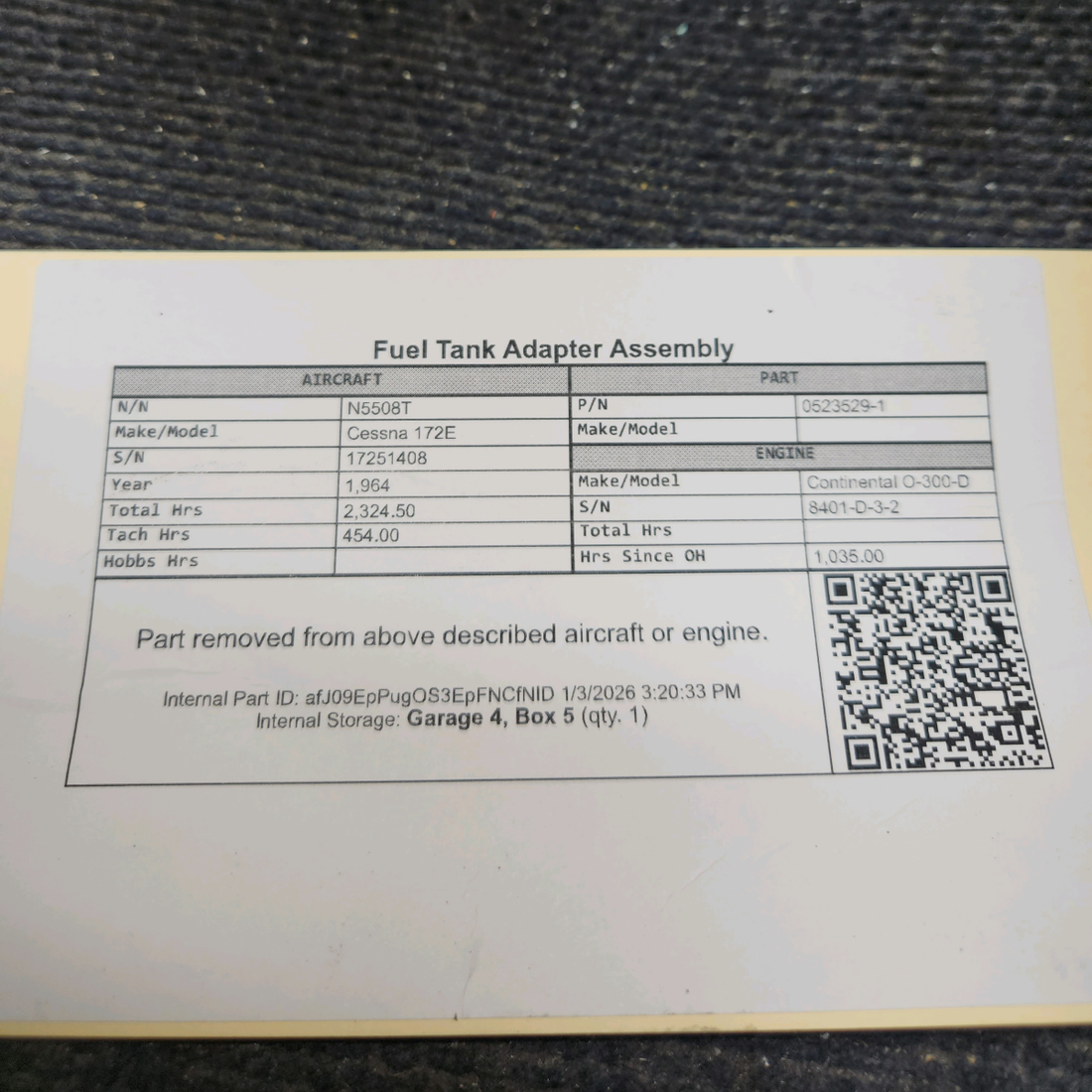 Used aircraft parts for sale, 0523529-1 Cessna 172E Fuel Tank Adapter Assembly