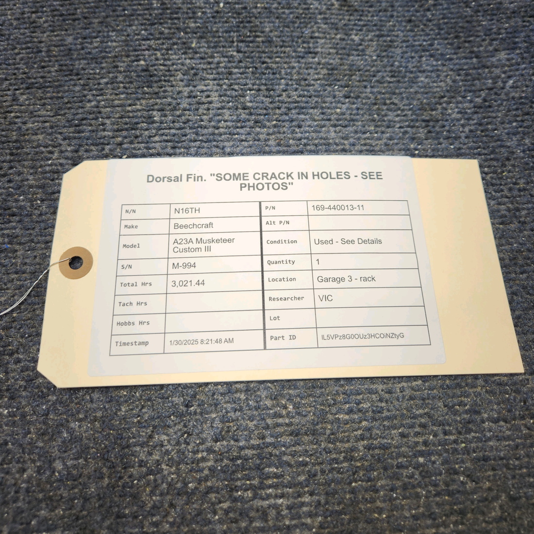 Used aircraft parts for sale, 169-440013-11 Beechcraft A23A Musketeer Custom III DORSAL FIN. "SOME CRACK IN HOLES - SEE PHOTOS"