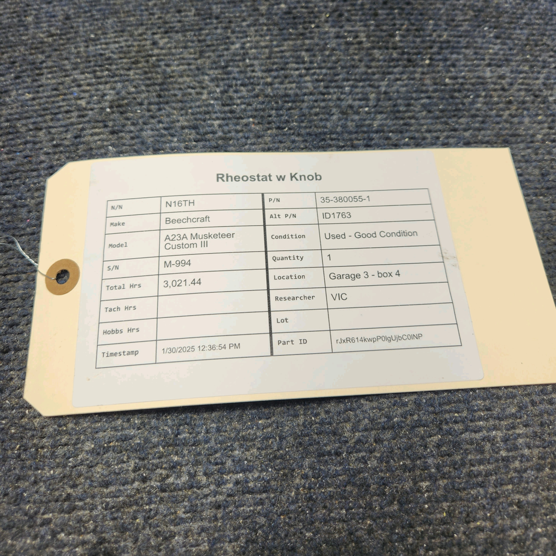 Used aircraft parts for sale, 35-380055-1 Beechcraft A23A Musketeer Custom III RHEOSTAT W KNOB