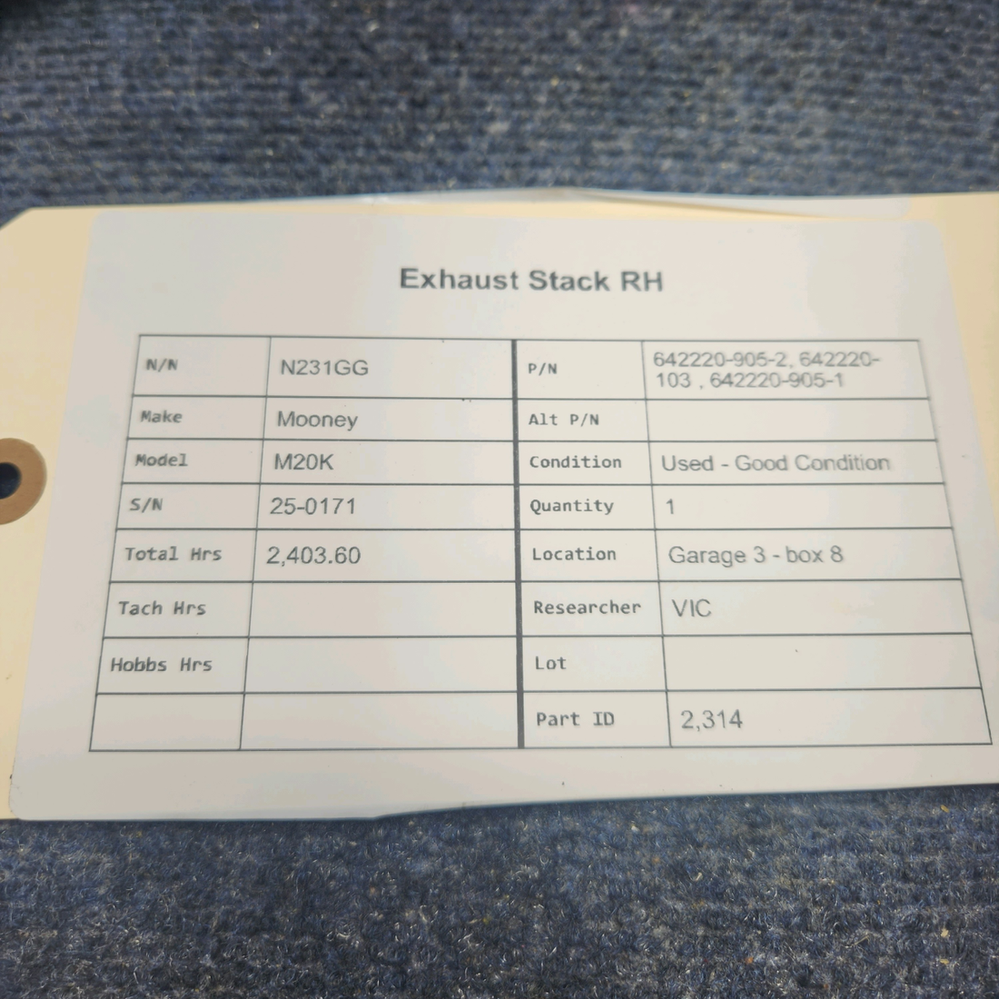Used aircraft parts for sale, 642220-905-2, 642220-103 , 642220-905-1 Mooney M20K EXHAUST STACK RH