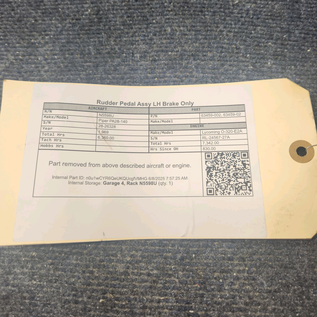 Used aircraft parts for sale, 63459-002 Piper PA28-140 Rudder Pedal Assy LH Brake Only