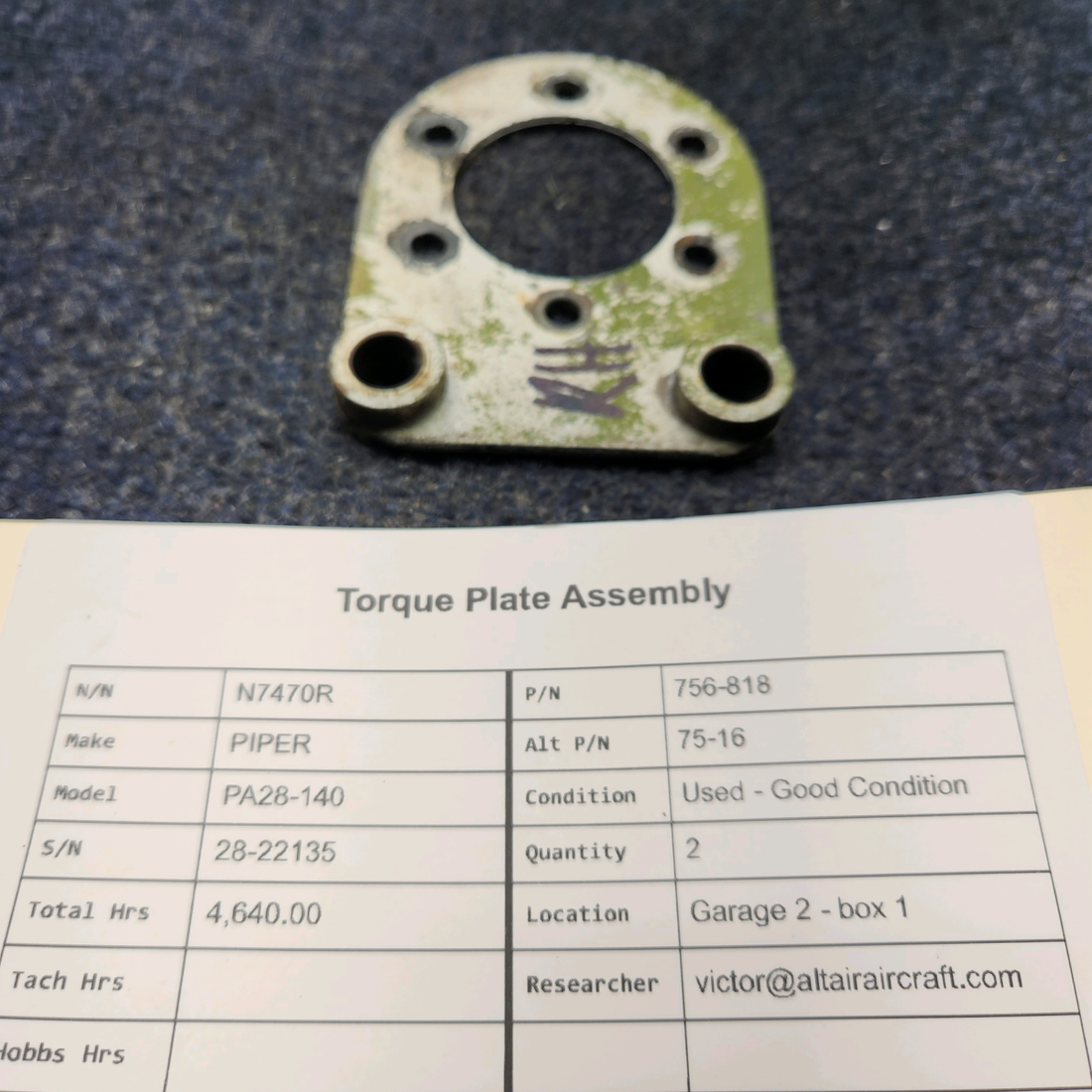 Used aircraft parts for sale, 756-818 PIPER PA28-140 TORQUE PLATE ASSEMBLY